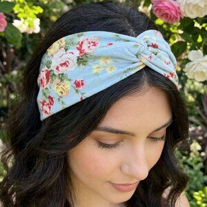 Soft Turban Twist Headband Light Blue Floral Wide Stretchy Head Wrap Yoga Gifts
